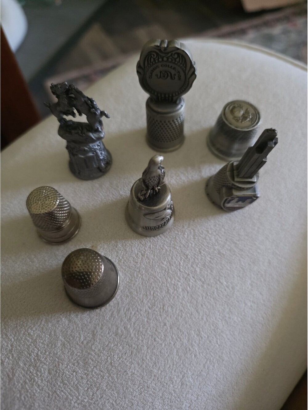 Vintage Collectible Metal Thimbles with Unique Figurine Tops – Set of 7